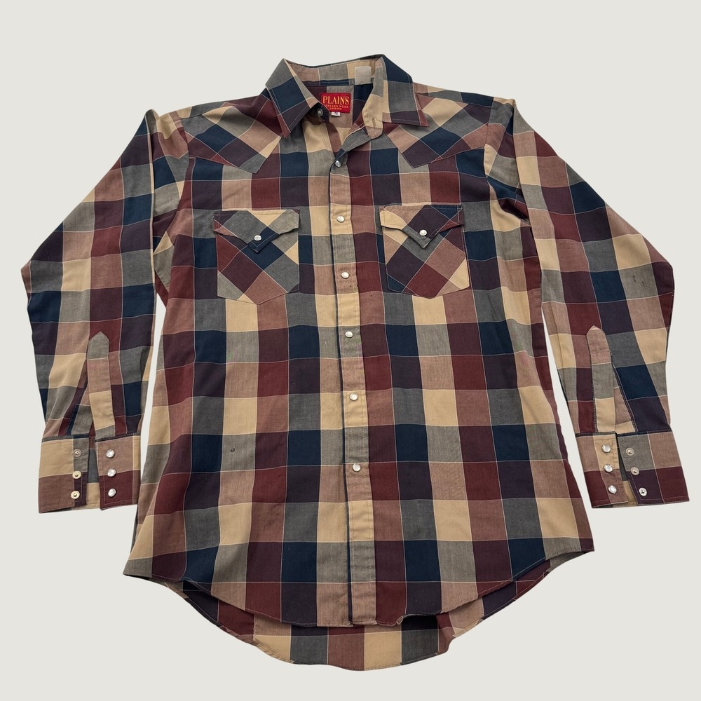 Plains Western Wear Pearl Snap Shirt Mens M Plaid Long Sleeve Cowboy Western